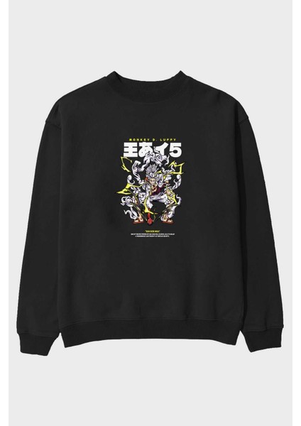Monkey D. Luffy Gear5 1 Anime Ön Baskılı Siyah Oversize Sweatshirt Erkek Kadın Bisiklet Yaka