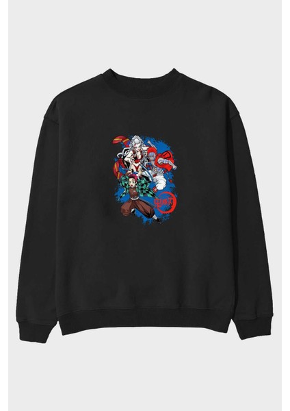 Tanjıro ,akaza,dakı Anime Ön Baskılı Siyah Oversize Sweatshirt Erkek Kadın Bisiklet Yaka