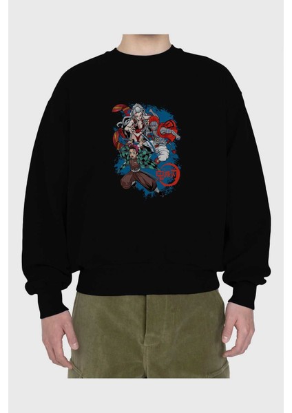 Tanjıro ,akaza,dakı Anime Ön Baskılı Siyah Oversize Sweatshirt Erkek Kadın Bisiklet Yaka fiyatları