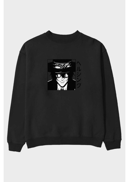 Alucard 1 Anime Ön Baskılı Siyah Oversize Sweatshirt Erkek Kadın Bisiklet Yaka