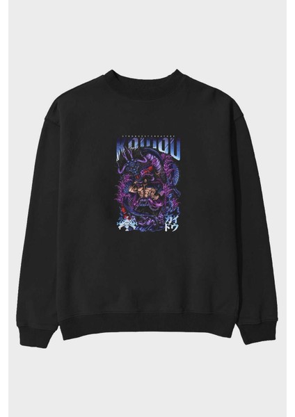 Kaıdou One Pıece Anime Ön Baskılı Siyah Oversize Sweatshirt Erkek Kadın Bisiklet Yaka