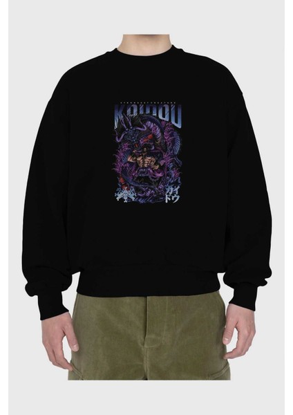 Kaıdou One Pıece Anime Ön Baskılı Siyah Oversize Sweatshirt Erkek Kadın Bisiklet Yaka fiyatları