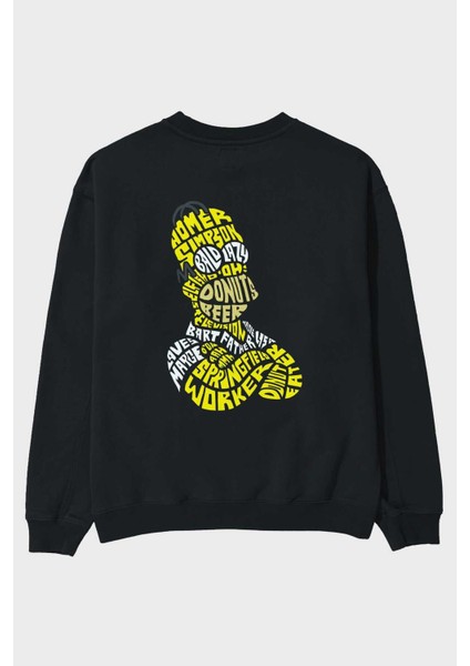 Homer Simpson Arka Baskılı Siyah Oversize Sweatshirt Erkek Kadın Bisiklet Yaka