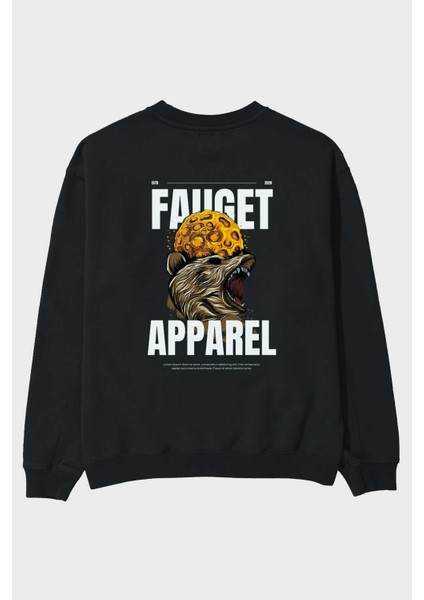 Bear Angry Fauget Apparel Arka Baskılı Siyah Oversize Sweatshirt Erkek Kadın Bisiklet Yaka