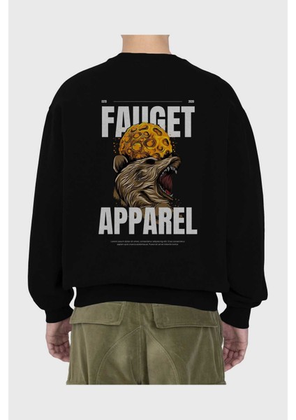 Bear Angry Fauget Apparel Arka Baskılı Siyah Oversize Sweatshirt Erkek Kadın Bisiklet Yaka