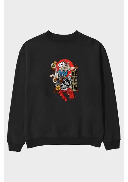 Trıbal (2) Anime Ön Baskılı Siyah Oversize Sweatshirt Erkek Kadın Bisiklet Yaka