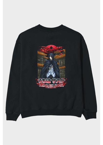 Naruto Sasuke Uchıha 1 Anime Arka Baskılı Siyah Oversize Sweatshirt Erkek Kadın Bisiklet Yaka