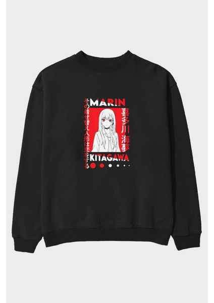 Marın Kıtagawa Anime Ön Baskılı Siyah Oversize Sweatshirt Erkek Kadın Bisiklet Yaka