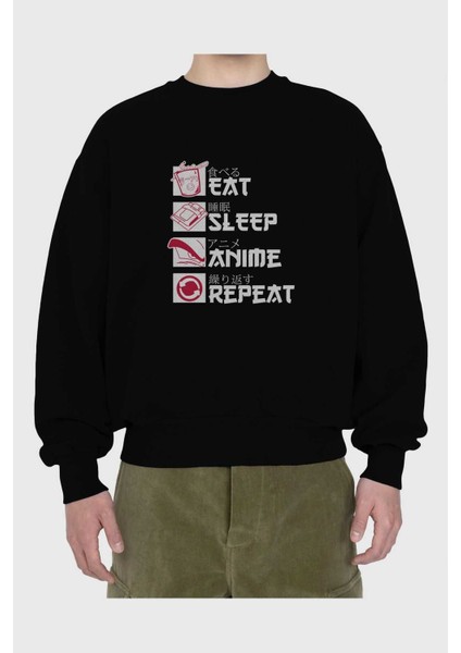 Eat, Sleep, Anime, Repeat Anime Ön Baskılı Siyah Oversize Sweatshirt Erkek Kadın Bisiklet Yaka fiyatları