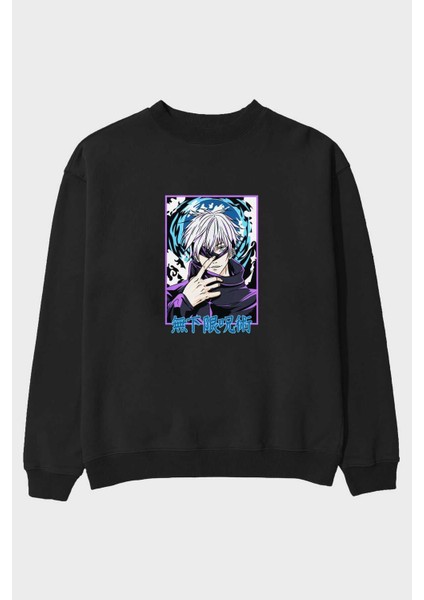 Satoru Gojo 3 Anime Ön Baskılı Siyah Oversize Sweatshirt Erkek Kadın Bisiklet Yaka