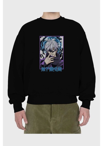 Satoru Gojo 3 Anime Ön Baskılı Siyah Oversize Sweatshirt Erkek Kadın Bisiklet Yaka fiyatları