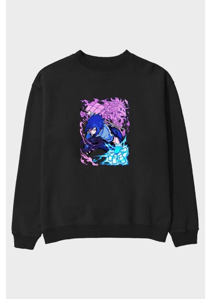Naruto Sasuke Uchıha 2 Anime Ön Baskılı Siyah Oversize Sweatshirt Erkek Kadın Bisiklet Yaka