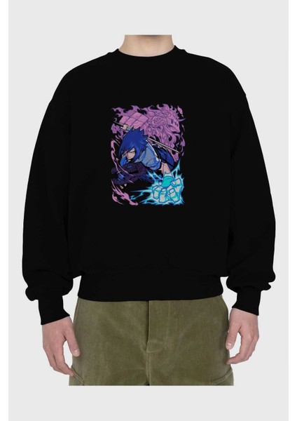 Naruto Sasuke Uchıha 2 Anime Ön Baskılı Siyah Oversize Sweatshirt Erkek Kadın Bisiklet Yaka fiyatları