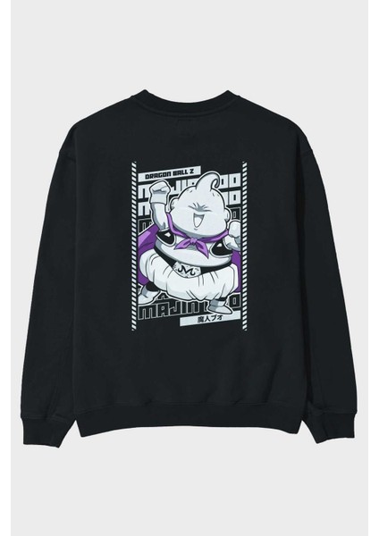 Majın Boo2 Anime Arka Baskılı Siyah Oversize Sweatshirt Erkek Kadın Bisiklet Yaka