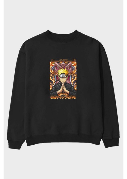 Naruto (10) Anime Ön Baskılı Siyah Oversize Sweatshirt Erkek Kadın Bisiklet Yaka