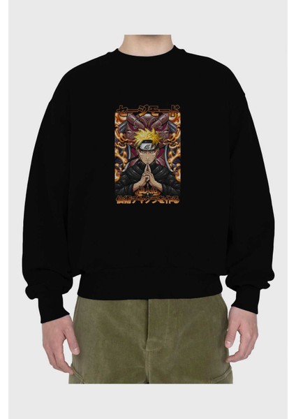 Naruto (10) Anime Ön Baskılı Siyah Oversize Sweatshirt Erkek Kadın Bisiklet Yaka fiyatları