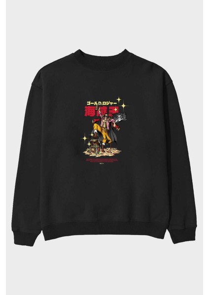 Roger Anime Ön Baskılı Siyah Oversize Sweatshirt Erkek Kadın Bisiklet Yaka