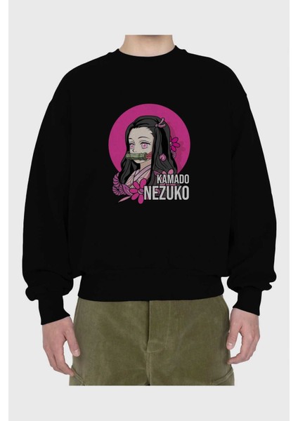 Nezuko Kamado 2 Anime Ön Baskılı Siyah Oversize Sweatshirt Erkek Kadın Bisiklet Yaka fiyatları