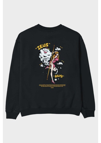 Zeus Nami Anime Arka Baskılı Siyah Oversize Sweatshirt Erkek Kadın Bisiklet Yaka