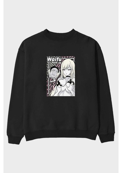 Waifu Pushup Anime Ön Baskılı Siyah Oversize Sweatshirt Erkek Kadın Bisiklet Yaka