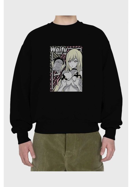 Waifu Pushup Anime Ön Baskılı Siyah Oversize Sweatshirt Erkek Kadın Bisiklet Yaka fiyatları