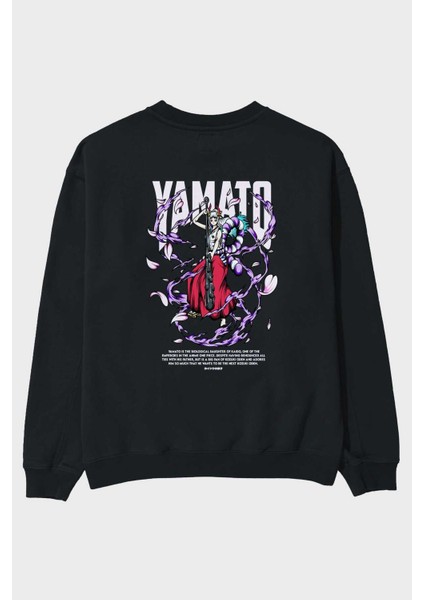 Yamato Anime Arka Baskılı Siyah Oversize Sweatshirt Erkek Kadın Bisiklet Yaka