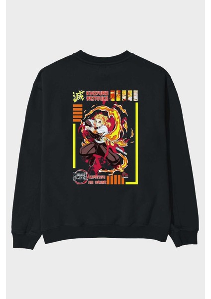Kyojuro Rengoku Anime Arka Baskılı Siyah Oversize Sweatshirt Erkek Kadın Bisiklet Yaka