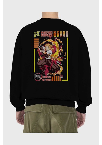 Kyojuro Rengoku Anime Arka Baskılı Siyah Oversize Sweatshirt Erkek Kadın Bisiklet Yaka fiyatları