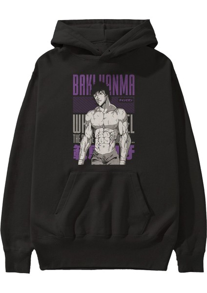 Bakı Hanma (2) Anime Ön Baskılı Siyah Hoodie Oversize Kapüşonlu Sweatshirt Erkek Kadın