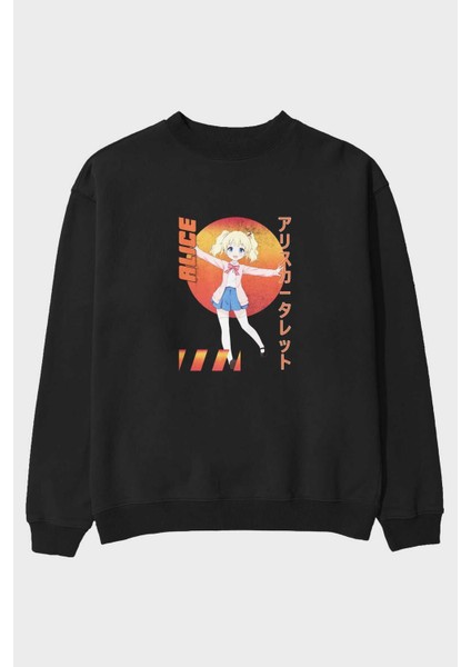 Alice Cartelet 15 Anime Ön Baskılı Siyah Oversize Sweatshirt Erkek Kadın Bisiklet Yaka