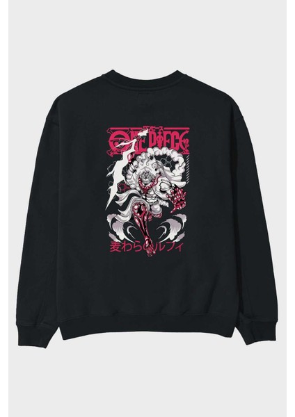 Monkey D. Luff-One Pıece 1 Anime Arka Baskılı Siyah Oversize Sweatshirt Erkek Kadın Bisiklet Yaka