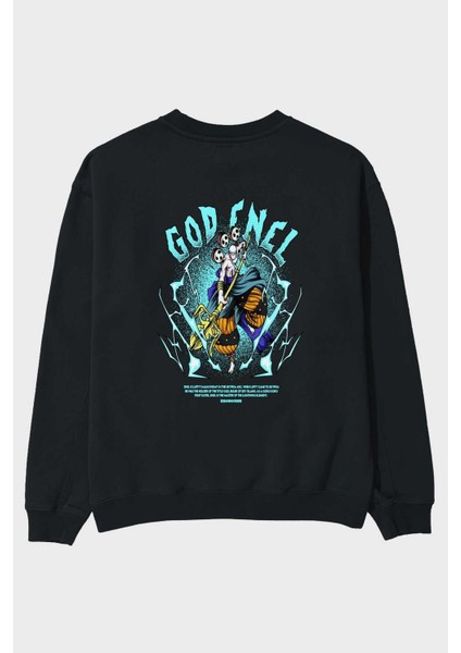 Eneru Anime Arka Baskılı Siyah Oversize Sweatshirt Erkek Kadın Bisiklet Yaka