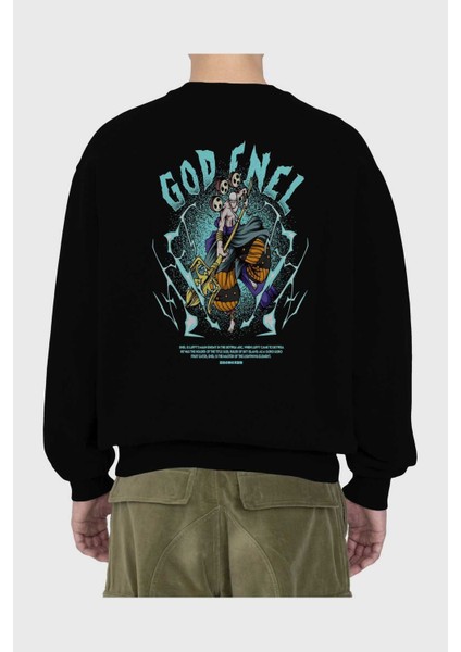 Eneru Anime Arka Baskılı Siyah Oversize Sweatshirt Erkek Kadın Bisiklet Yaka