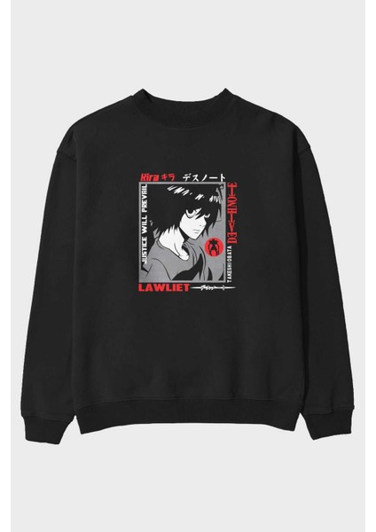 Death Note Anime Ön Baskılı Siyah Oversize Sweatshirt Erkek Kadın Bisiklet Yaka