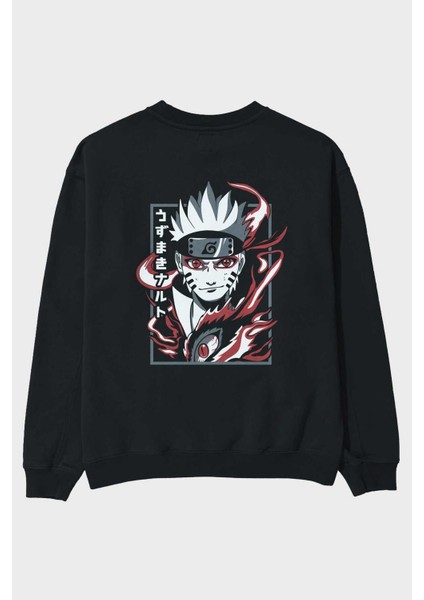 Narutomod Anime Arka Baskılı Siyah Oversize Sweatshirt Erkek Kadın Bisiklet Yaka