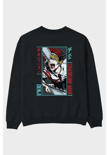 Denji Chainsaw Man Anime Arka Baskılı Siyah Oversize Sweatshirt Erkek Kadın Bisiklet Yaka