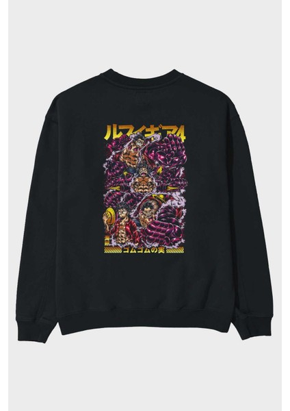 Monkey D. Luffy (2) Anime Arka Baskılı Siyah Oversize Sweatshirt Erkek Kadın Bisiklet Yaka