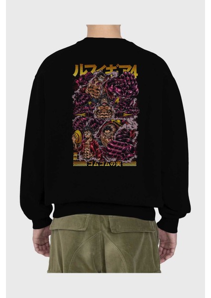 Monkey D. Luffy (2) Anime Arka Baskılı Siyah Oversize Sweatshirt Erkek Kadın Bisiklet Yaka fiyatları
