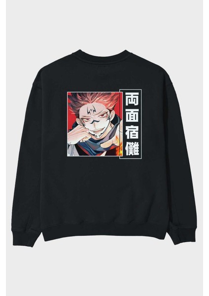 Sukuna Ryoumen 4 Anime Arka Baskılı Siyah Oversize Sweatshirt Erkek Kadın Bisiklet Yaka