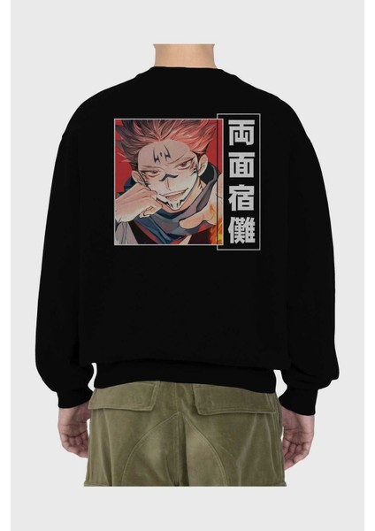 Sukuna Ryoumen 4 Anime Arka Baskılı Siyah Oversize Sweatshirt Erkek Kadın Bisiklet Yaka fiyatları