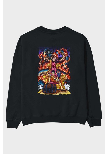 Monkey D. Luffy 1 Anime Arka Baskılı Siyah Oversize Sweatshirt Erkek Kadın Bisiklet Yaka