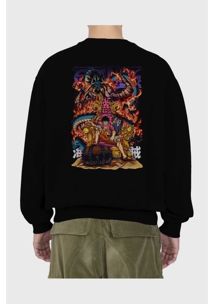 Monkey D. Luffy 1 Anime Arka Baskılı Siyah Oversize Sweatshirt Erkek Kadın Bisiklet Yaka fiyatları