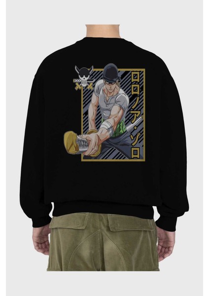 Roronoa Zoro Anime Arka Baskılı Siyah Oversize Sweatshirt Erkek Kadın Bisiklet Yaka fiyatları