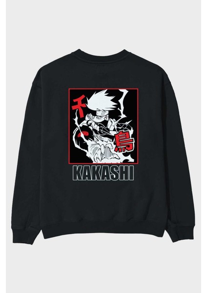Kakashı Hatake Naruto Anime Arka Baskılı Siyah Oversize Sweatshirt Erkek Kadın Bisiklet Yaka
