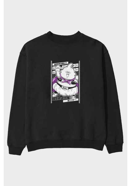 Majın Boo2 Anime Ön Baskılı Siyah Oversize Sweatshirt Erkek Kadın Bisiklet Yaka