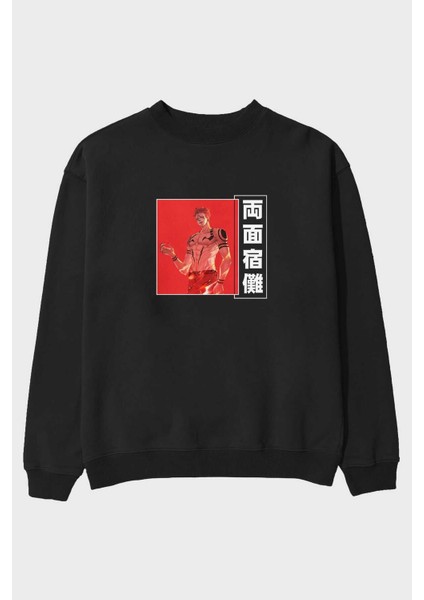 Sukuna Ryoumen 3 Anime Ön Baskılı Siyah Oversize Sweatshirt Erkek Kadın Bisiklet Yaka