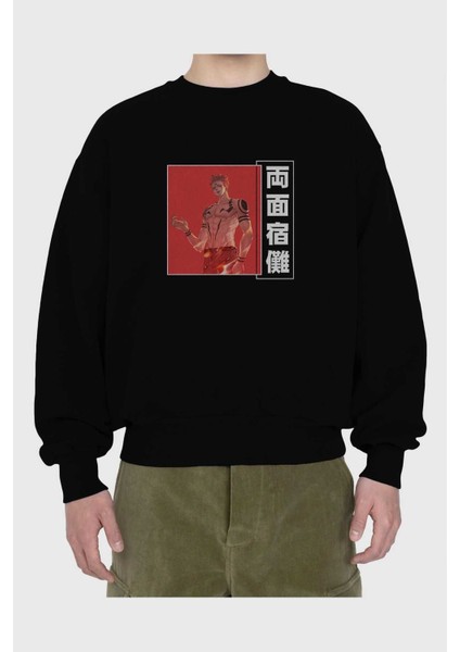 Sukuna Ryoumen 3 Anime Ön Baskılı Siyah Oversize Sweatshirt Erkek Kadın Bisiklet Yaka fiyatları