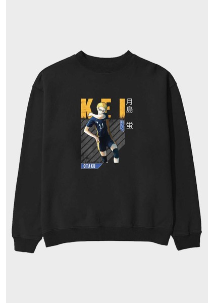 Kei Tsukishima 2 Anime Ön Baskılı Siyah Oversize Sweatshirt Erkek Kadın Bisiklet Yaka