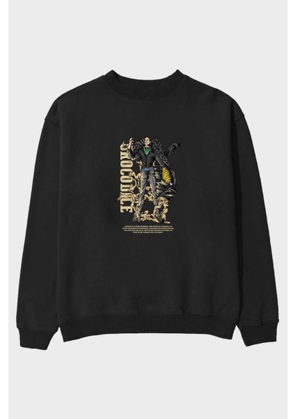 Crocodile Anime Ön Baskılı Siyah Oversize Sweatshirt Erkek Kadın Bisiklet Yaka