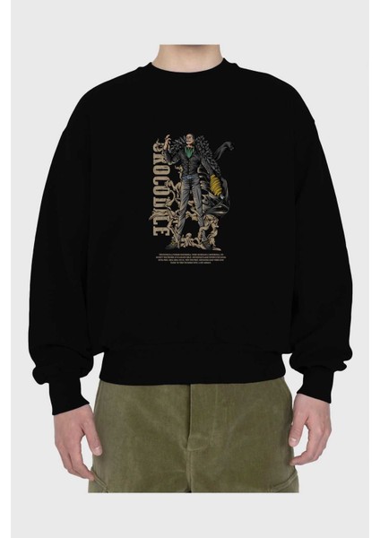 Crocodile Anime Ön Baskılı Siyah Oversize Sweatshirt Erkek Kadın Bisiklet Yaka fiyatları